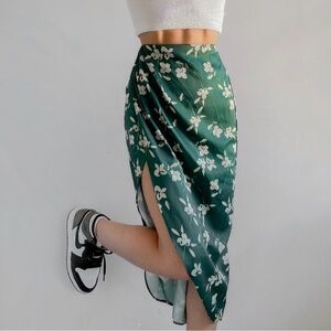 Urban Outfitters Kelly Tulip Faux Wrap Satin Midi Skirt